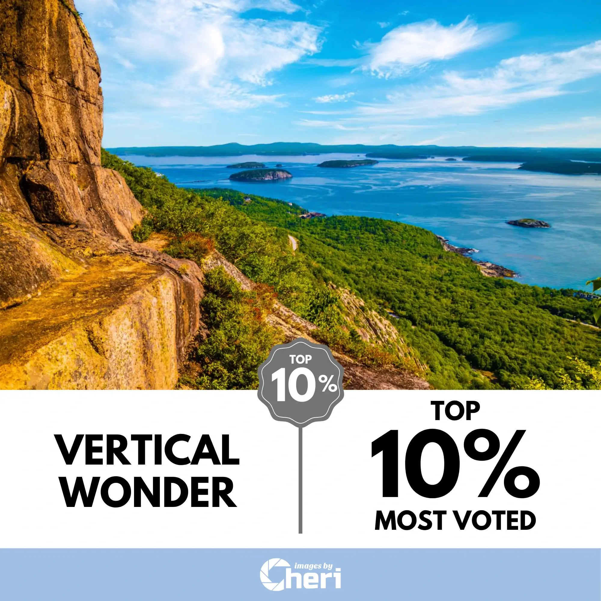 Precipice Trail in Acadia National Park, Maine. Rocky cliff of Champlain Mountain, overlooking the Atlantic Ocean and islands in Acadia National Park. The image earned a Top 10% Most Voted in Viewbug's Hiking Wonders Photo Contest